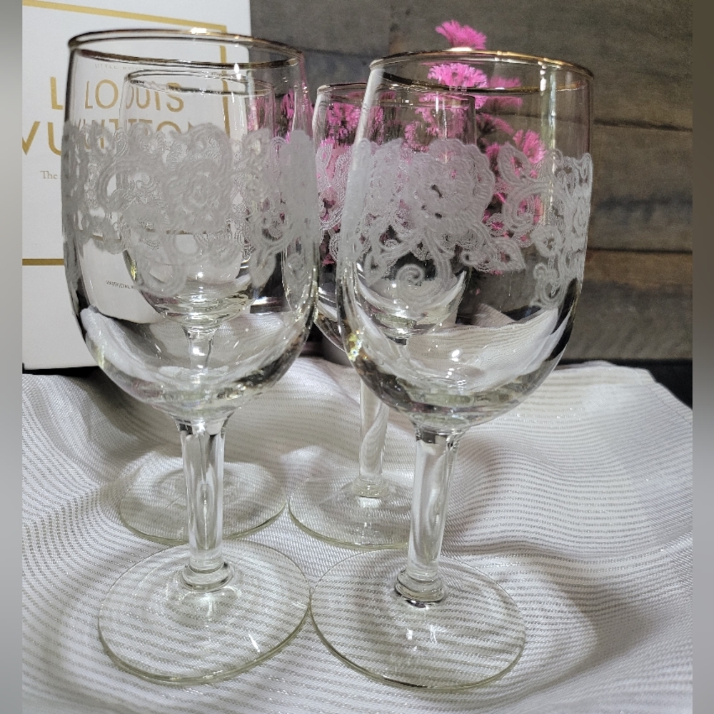 Libbey Rose Etching Vintage Gold Rimmed Wine Glasses, Set of 4, Rare